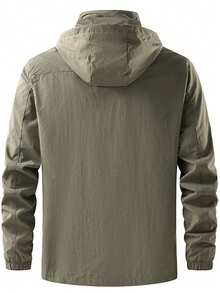 男士防风连帽夹克 - 防水，可拆卸帽子，休闲户外外套，带拉链口袋，尼龙材质，非常适合徒步旅行和休闲装 - 卡其色 - 查看 7