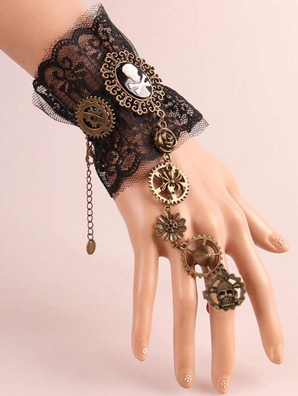 1pc Vintage Pirate Steampunk Gear Lace Skull Mechanical Finger Ring & Bracelet Set For Women, Halloween