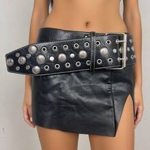 1 Piece Y2k American Retro Punk Style Wide Belt Women's Eyelet Rivet Multi-Hole Design Belt Decorative Versatile - 黑色重工腰帶 - 查看 12
