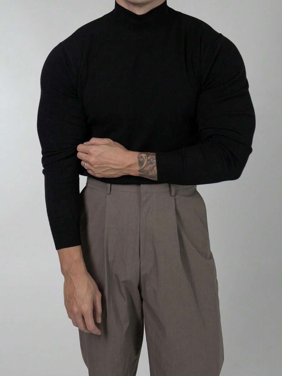 Herr enfärgad ståkrage elastisk smal passform pullover långärmad t-shirt, amerikansk robust stil, vår och höst - Svart - Visa 1