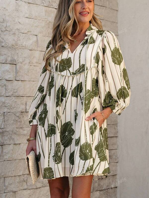 Vestido casual de verano de talla grande con cuello en V, mangas farol y estampado de rayas y flores suelto