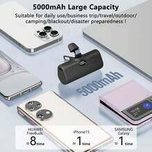 Compatible With IP 17/16/15, Small USB C Portable Charger, 5000mAh Ultra Compact Mini Power Bank Built-In Phone Stand And LED Light, PD15W LCD Display Battery Pack For Travel, Compatible With IP 17/16/15,And Type-C Android Phones - Black - View 3