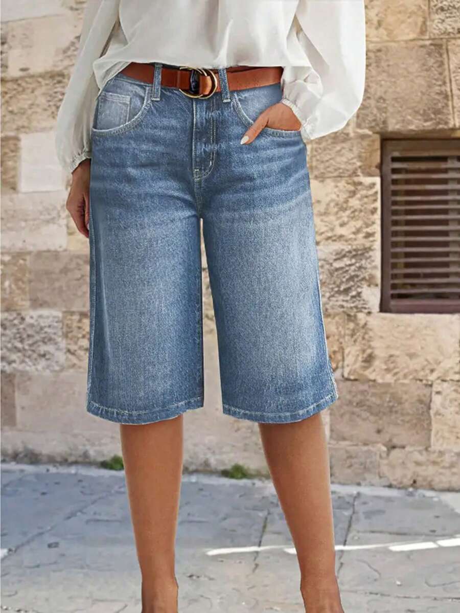 European And American Fashionable Explosion Casual Loose Straight Leg Low Waist Denim 5-Point Shorts For Women, Summer - Rửa tối - Xem 1