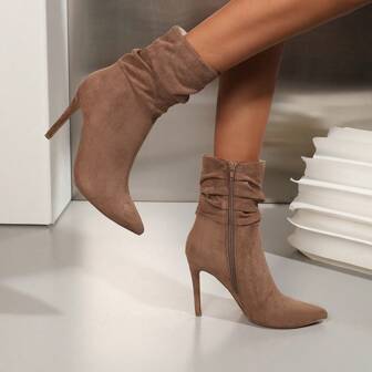 OMS 1 Pair Solid Color Sexy Pleated Fabric High Heel Mid-Calf Boots, Party Wear, Autumn/Winter