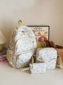 Set di zainetti casual e versatili per il ritorno a scuola da donna, zaino con stampa floreale in stile giapponese carino, set di zaini con fiocco e motivo floreale morbido