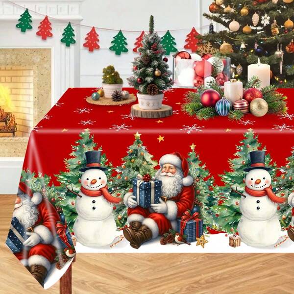 137*220cm Christmas Theme Tablecloth, Vintage Style With Santa Claus Holding Gifts Sitting On Snowy Ground, Cute Snowman And Christmas Tree Elements Design, Plastic Tablecloth, Christmas & New Year Home Decor, Christmas Party & Family Gathering Table Decoration