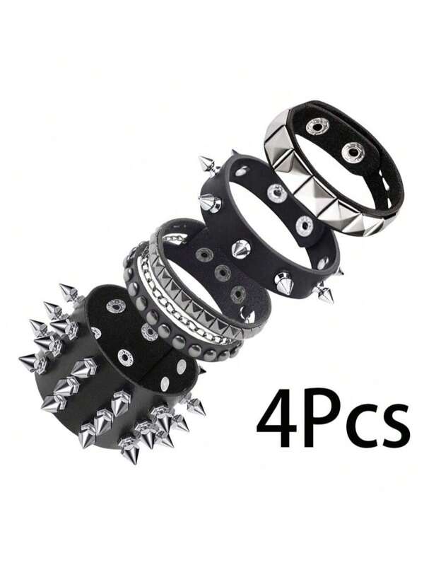 4/3/1pc Punk Studded Leather Bracelets Set - PU Cuff Leather Handmade Studded Leather Spiked Leather Cuff Bracelets, 80s Emo Style PU Leather For Men Women, PU Bracelets With Rivet Bracelets For Party & Gifts
