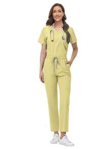 Spa Uniform Kasacks Damen atmungsaktiv weich Kurzarm Top gerade Hose Sets Beauty Salon Nageltechniker Arbeitskleidung Krankenschwester Uniform - Gelb - Übersicht 7