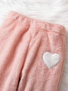 Bhchntiy 4 件套女婴秋冬新款毛绒爱心刺绣和粉色爱心印花纯色圆领运动衫和毛绒纯色裤子休闲时尚套装 - 粉色 - 查看 7