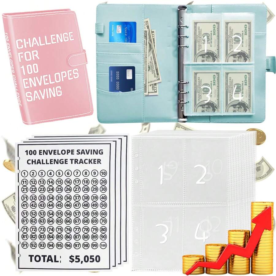 KKC 2025 New Model 100 Envelopes Money Saving Challenge With Cute Stickers, A5 Money Saving Binder With Cash Envelopes, Budget Binder Savings Challenge Book For 100 Day To Save $5,050 For Budgeting Planner.