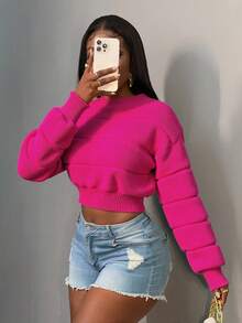 Suéter corto con hombros caídos de punto acanalado de color sólido para mujer, adecuado para viajar y tener citas. - Rosa Fucsia - Ver 6