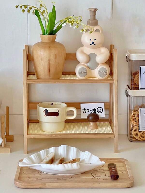 1 pièce Étagère de rangement à 2 niveaux en bambou, blanc et marron, compacte et gain de place pour les cosmétiques, les serviettes, la batterie de cuisine, la cuisine, la salle de bain, le bureau, les présentoirs de fête, la table de maquillage, le rangement de salle de bain, le rangement domestique, les accessoires de cuisine