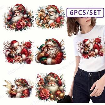 6 件圣诞老人熨烫补丁 - 3D 印花节日花卉和节日图案，可水洗乙烯基热转印贴纸，适用于 DIY T 恤、圣诞工艺品、服装和包装装饰（6 种不同风格），带有鲜艳节日图案的季节性服装