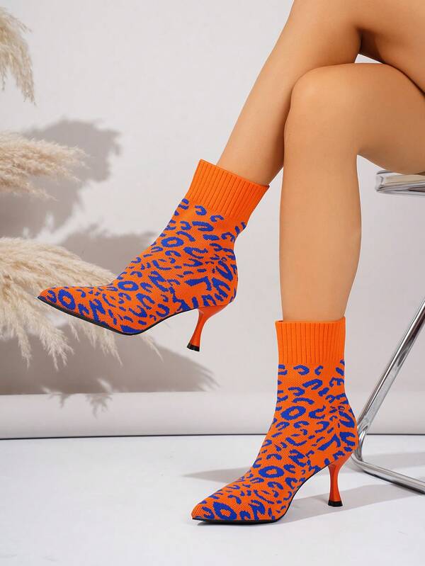 Pointed Toe Leopard Print Vintage Western Ankle Boots For Women, Increased Height French Nude Boots, High Heels Fashion Boots