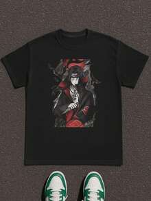 Itachi Anime Manga Style Tee , Men's Double-Sided Printed Fashionable Casual Crew Neck 220gsm Pure Cotton T-Shirt(1 PC) - 黑色 - 查看 2