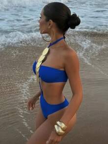 1pc Women's Sexy Halter Sequin Decor One-Piece Swimsuit