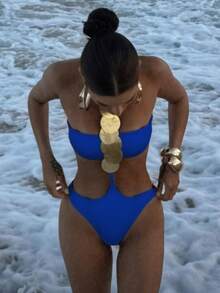 1pc Women's Sexy Halter Sequin Decor One-Piece Swimsuit