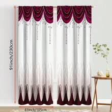 2pcs Elegant Red & White Art Deco Curtains - Durable 100% Polyester Fabric With Decorative Border, Light-Filtering For Living Room, Bedroom, Kitchen, Bathroom Decor (Rod Not Included), Kitchen Window Treatment | Decorative Curtains | Easyinstall Curtains, Curtains For Living Room