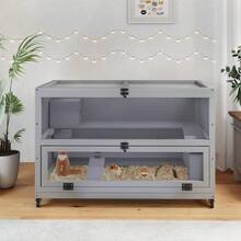 Jaula túnel de madera para hámster (90 x 50 x 60 cm), jaula para ratas con ventana acrílica y rejilla metálica, jaula para degú con ruedas y tapa abatible, terrario para animales pequeños en gris.