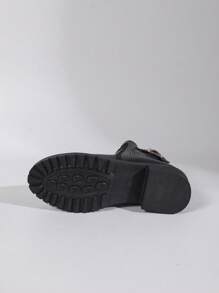 Women's Autumn/Winter Leather Front Zipper Fashion Belt Buckle Thick Heel Round Toe Boots, Breathable Fabric Lining, Flat Comfortable For Long-Time Wear, Versatile For Daily, Party, Travel, Retro British Style