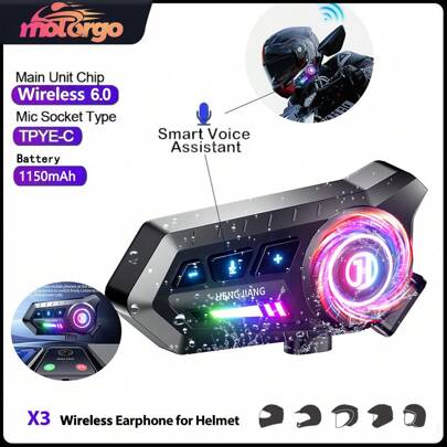 3 piezas Auriculares Bluetooth 6.0 para casco de motocicleta, diseño de luz de 3 colores, resistente al agua IPX6, compatible con la conexión simultánea de dos teléfonos