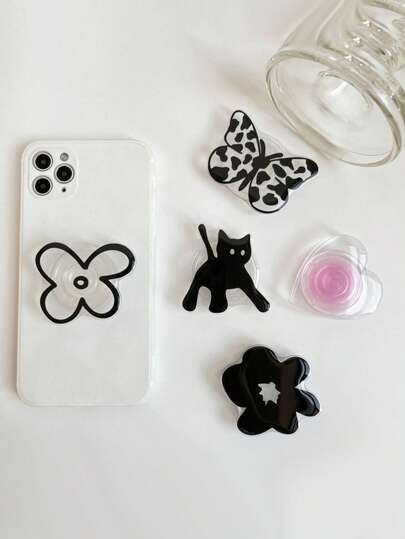 Black Cat Butterfly And Flower Pattern Airbag Bracket Transparent Slouchy Desktop Phone Stand, Extendable Folding Silicone Mobile Phone Holder Compatible With IPhone, Android Phone, Gift For Birthday, Family, Friends Push-Pull Phone Grip, Phone Accessories