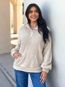 EMERY ROSE 半拉链口袋落肩泰迪熊运动衫，长袖上衣 - 杏色 - 查看 2