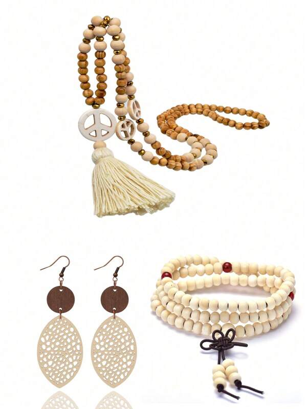 4 قطع/مجموعة قلادة وسوار من الخرز الخشبي ذو الشرابات الطويلة للنساء، مجوهرات بوهيمية مزينة بالخرز والسلام، مناسبة للارتداء اليومي، المناسبات، السفر والعطلات، مجوهرات محلية