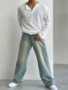 Henry Collar Waffle Knit Long Sleeve Lightweight Breathable Sun Protection T-Shirt For Men, Casual American Style Undershirt, Versatile Choice For All Seasons , Fall