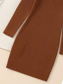 Girls Autumn/Winter 3-Color Set, High Neck Ribbed Knit Dress, Fashionable 3-Color Outfit, Minimalist Style - Multicolor - View 3