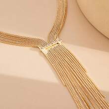 Gold Exquisite Long Tassel Y-Shaped Necklace For Women, Simple Wide Necklace, Cute Pendant, Neck Accessories Tassel Necklace Exaggerated Light Luxury Temperament Women's Necklace - 金色 - 查看 7