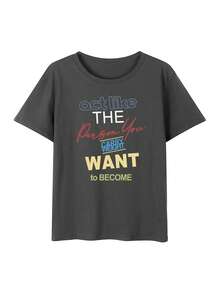 女式休闲宽松百搭舒适图案印花圆领 T 恤上衣 - 深灰色 - 查看 5