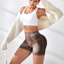 Women's V Back Workout Shorts, Denim Print High Waisted Shorts Stretchy Scrunch Slim Fit Yoga Biker Jegging Butt Lifting Sports Fitness Yoga Pants - 咖啡棕 - 查看 2