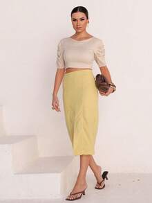 Linen Midi Skirt With Stylish Slit And Flexible Waist - Yellow - View 3