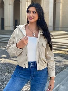 EMERY ROSE 女士拼布二合一羊毛连帽夹克，适合秋冬季、秋季服装、通勤、极简主义、办公室、老钱、简单、舞会/大学/万圣节/图案毛衣/补丁/女士校服/万圣节毛衣/必需品/圣诞节/女士办公室服装/基本款/可爱。 - 杏色 - 查看 2