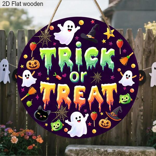 1 Piece, 2D Flat "Trick Or Treat" Halloween Themed Wooden Hanging Sign, Ghost & Pumpkin Design Wooden Hanging Decorative Plaque Suitable For Courtyard Decoration, Home Decoration, Door Hanging Decoration, Halloween Gift For Family And Friends