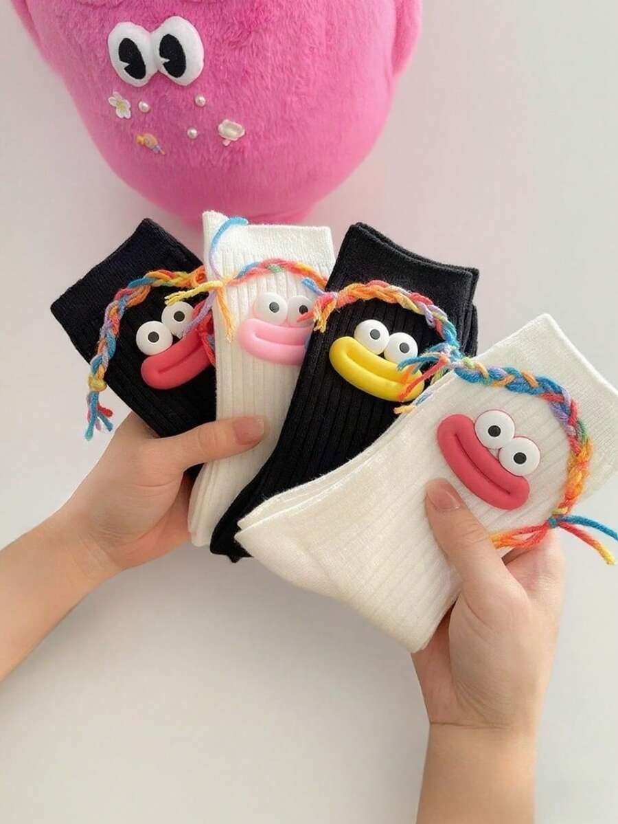 女士3D卡通趣味大嘴编织可爱时尚中筒袜学生袜 - 彩色 - 查看 1