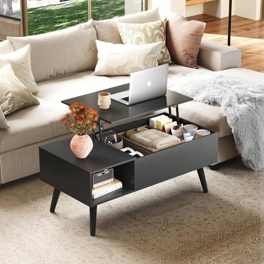 Rustic Style Furniture Table 39" Lift Top Coffee Table With Storage Shelf Hidden Compartment Living Room Center Table Small Dining Table Space-Saving Organizer - 黑色 - 查看 1