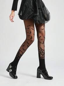 1 件女士万圣节蝙蝠提花连裤袜，节日版 - 黑色 - 查看 4