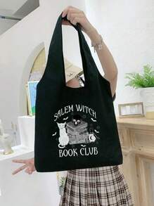 Fashionable Ladies' Handbags With Printed Letters, Books, And Cat Patterns Can Be Used As Y2k Shoulder Bags, Portable Shopping Bags, Halloween Gifts, Reading Week Gifts, Simple Travel Storage Bags, And Multi-Functional Shopping Bags, Suitable For Daily Commuting, Travel, Picnics, Camping, Outdoor, Adventure Or Shopping., Halloween Bags Perfect For Fancy Party Matching With Halloween Costumes - Black - View 2