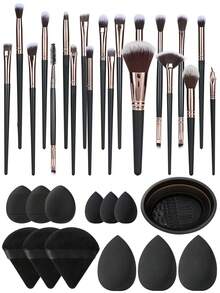 38件套化妆工具套装，包含：25套化妆刷+3个化妆海绵+3个迷你化妆海绵+3个三角粉扑+3个迷你气垫粉扑+1个化妆刷清洁工具。 - 黑色 - 查看 12