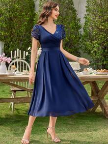 MIUSOL Contrast Sequin Lace V-Neck Petal Sleeve Pleated Hem Evening Party Long Dress, Summer Midi Dress, Wedding Guest Party Dress