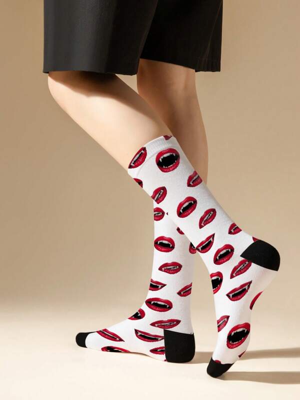 1/ 3 Pairs 3D Women's Printed Crew Socks, Lip Pattern Crew Socks, Fashion Mid-Length Socks, Novelty Socks, Quirky Socks, White Socks, Casual Socks, Gift Socks, Back-To-School Season, Can Be Worn Up To The Calf-Belly Area, Suitable For Spring/Summer/Autumn/Winter And Any Occasions!