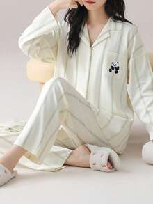 [PONX]2pcs Panda Print Striped Women Cardigan Pajama Set, Long Sleeve Soft Homewear For Spring & Autumn - Multicolor - View 1