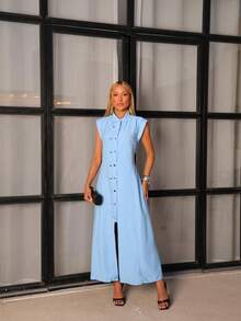 Long Sleeveless Dress With Buttons – Classic And Timeless Style - 藍色 - 查看 3