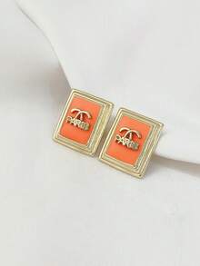 LADYCOCO 2 件时尚方形水晶字母耳环，适合女士，奢华优雅个性化耳环，2025 年新款 - 橘色方形 - 查看 4