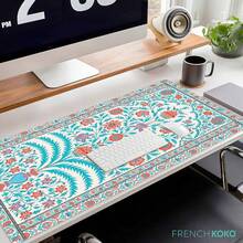 French KOKO Desk, Large Desk Pad Large Mouse Pad Cute Desk Accessories Home Office Essentials XL Desk Desk Pad Keyboard Mouse Desk Pads On Top Of Desks Computer Pink Floral Women Girls - 藍綠色地毯 - 查看 2