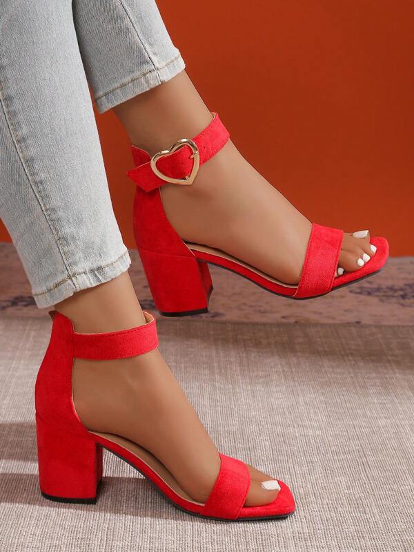 Women'S Fashionable Red Block Heel Sandals With Ankle Strap - Comfortable High Heel, Open Toe Design, Dry Clean Only, Summer Footwear Elegant Ankle Strap Rubber Sole