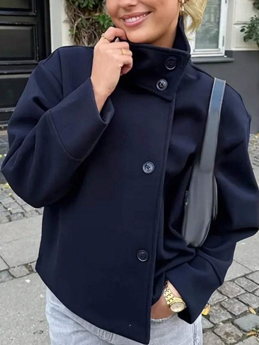 Women's Solid Color Pocket Button Front Casual Jacket - Blue - View 1