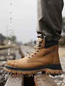 GUYISA 安全鞋，欧盟标准钢头，防砸防刺，轻便高帮工作靴，软橡胶鞋底，皮革鞋面，时尚防护 - 棕色 - 查看 5
